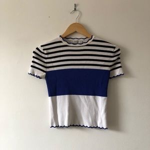 Zara Blue and White Ribbed Short Sleeve Sweater